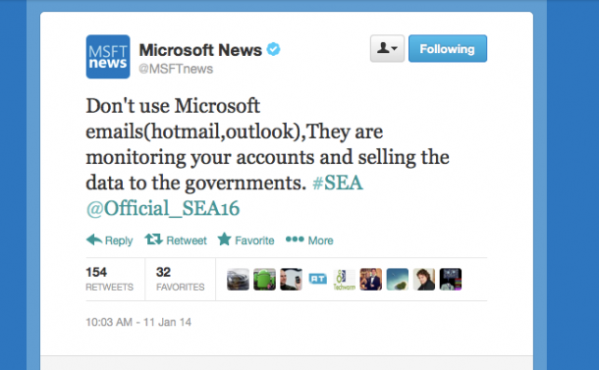 黑客攻击微软Twitter帐户 呼吁用户停用微软电邮服务