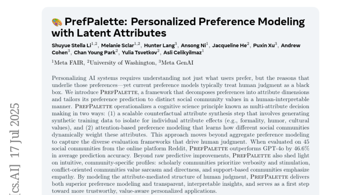 PrefPalette：Meta和华盛顿大学联手打造会“读心术“的AI偏好预测系统