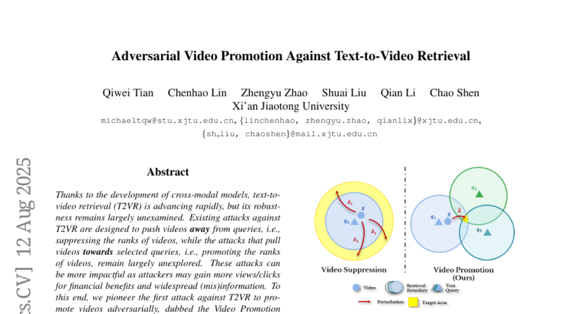 西安交通大学研究团队首次发现视频检索系统存在恶意推广漏洞，攻击者可操控搜索结果排名