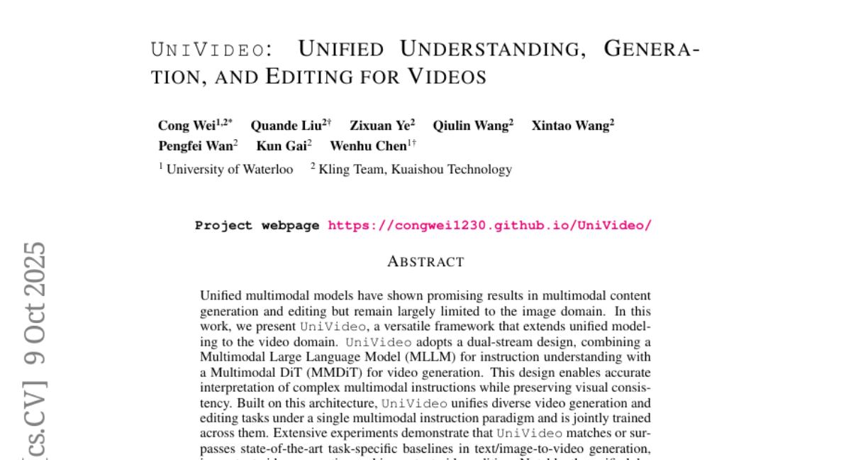 滑铁卢大学联合快手团队推出UniVideo：一个AI同时看懂、创作和编辑视频的"全能选手"