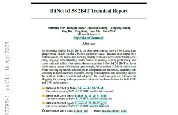 1���ظ�����΢�������׸���Դԭ��1���ش�����ģ�� BitNet b1.58 2B4T