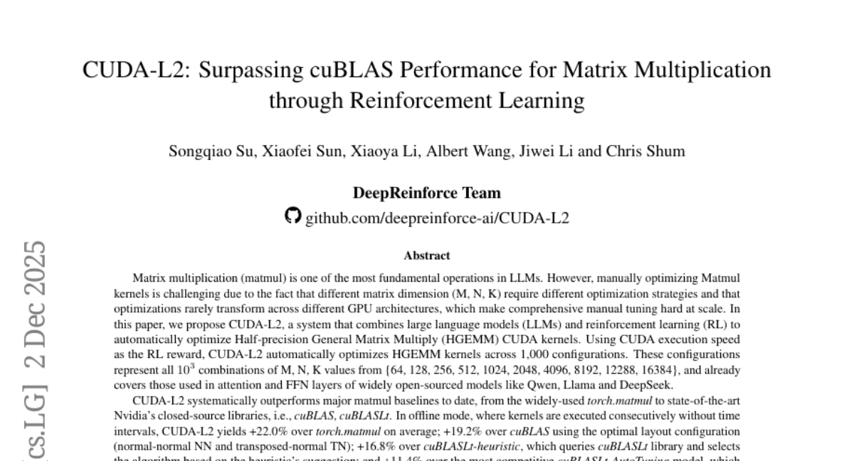 DeepReinforce团队突破GPU矩阵计算瓶颈：用AI自动生成比英伟达官方库更快的CUDA核心代码