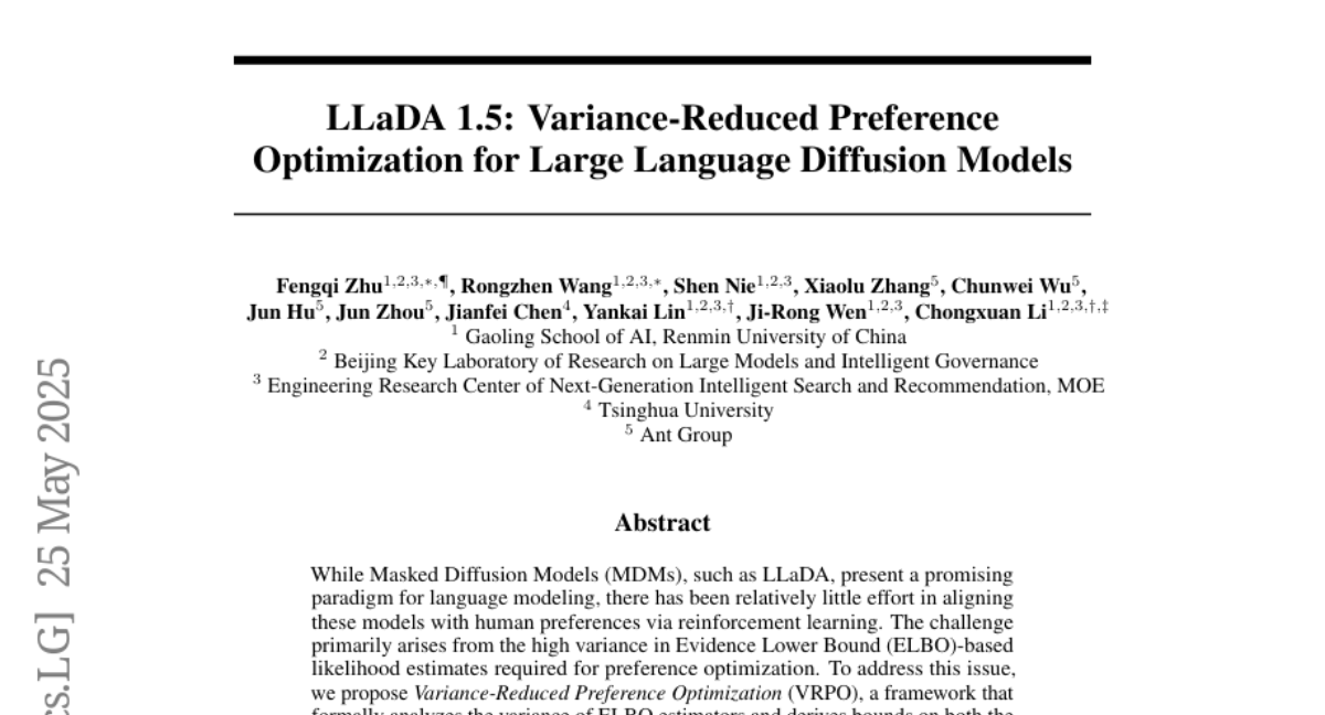 LLaDA 1.5：为大型语言扩散模型带来方差减少的偏好优化