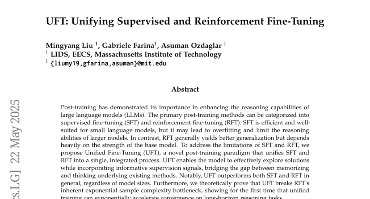 UFT：统一监督式和强化式微调，打破大语言模型学习与思考的隔阂