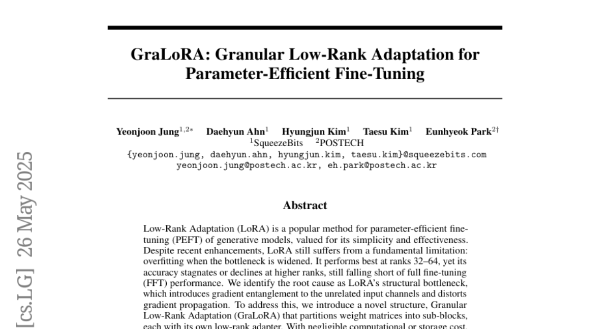 GraLoRA：解决大型语言模型微调瓶颈的突破性方法 — SqueezeBits和POSTECH联合研究