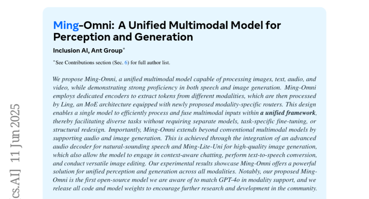 蚂蚁集团包容性AI团队重磅发布Ming-Omni：首个媲美GPT-4o的开源全能AI模型